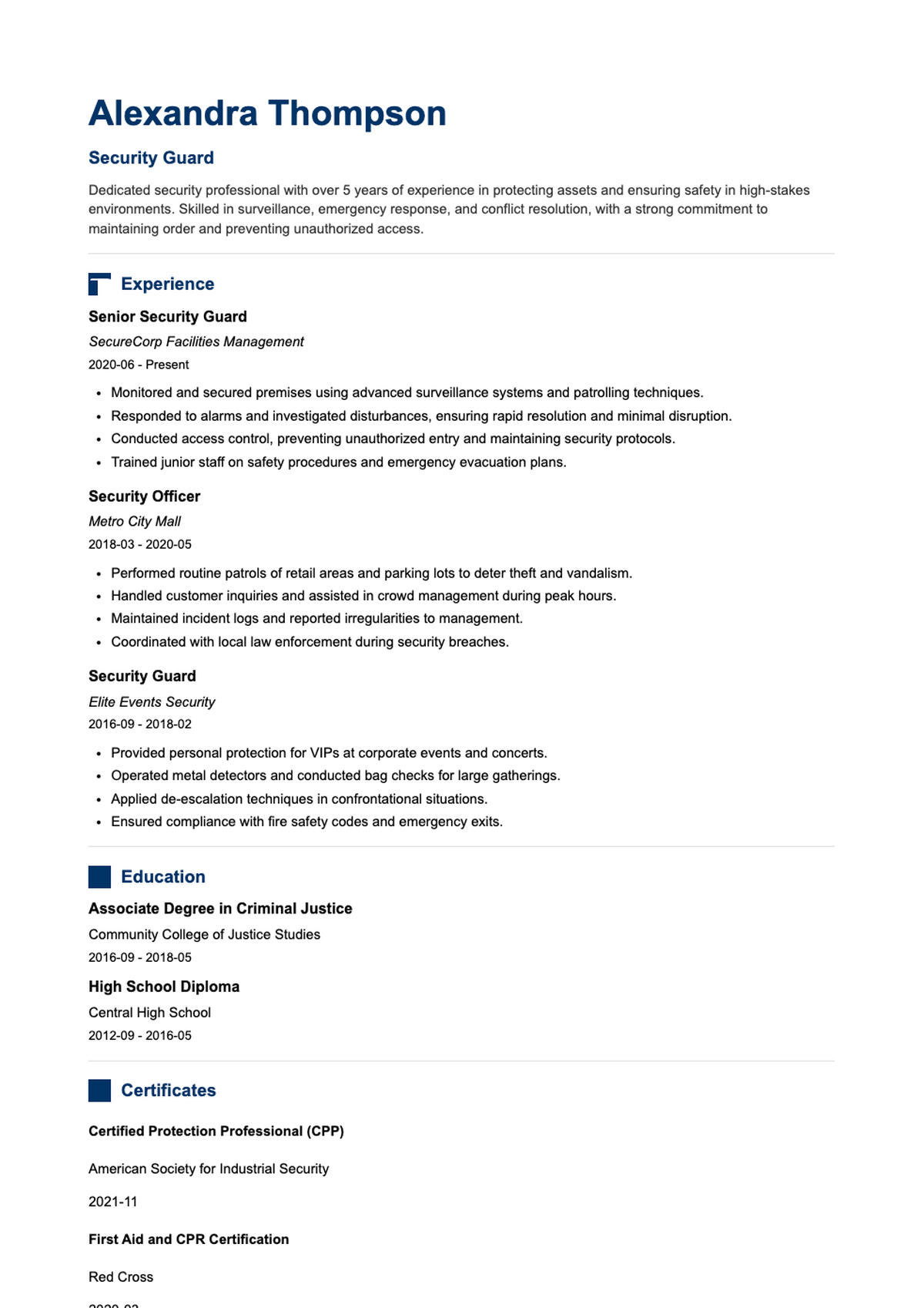 Professional security guard resume with skills bar charts and experience highlights_variant_3